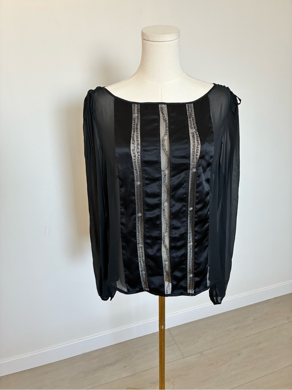 Black Silk Sheer Long-Sleeve Top with Inset Lace and Satin